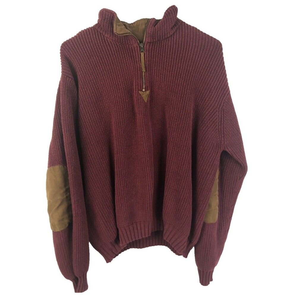 NORTH RIVER Men's Sz Large Long Sleeve 1/4 Zip Red Sweater Elbow Patched